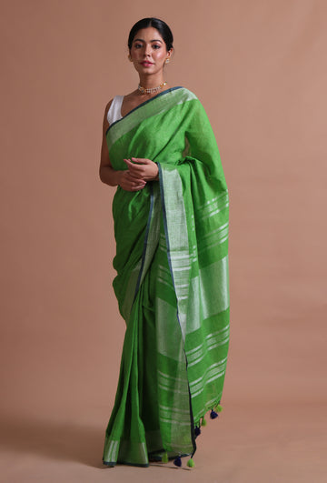 Green Color Cotton Linen Saree With Unstitched Blouse